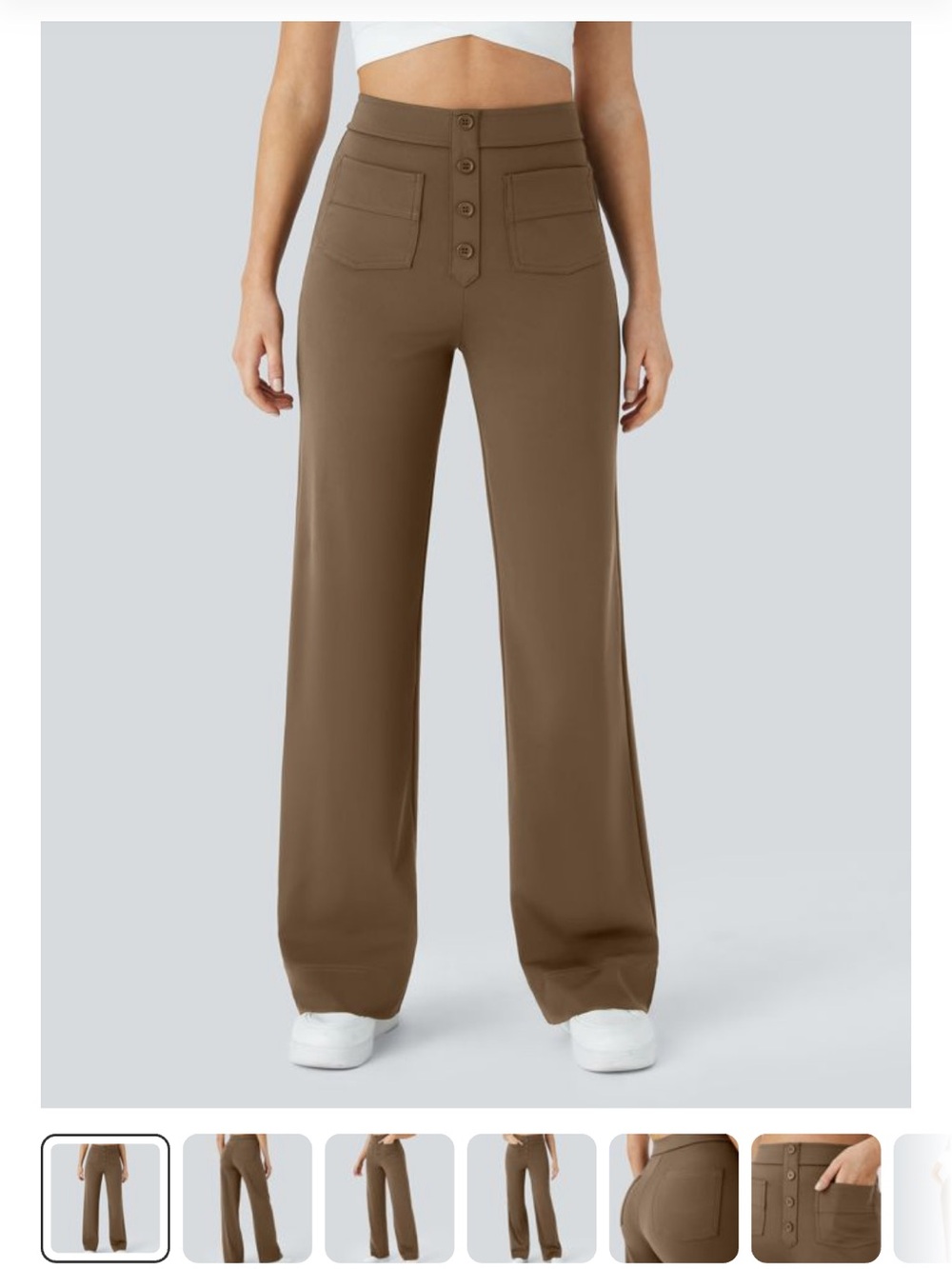 High-Waist Wide-Leg Pants with Button Front — Brown
Medium